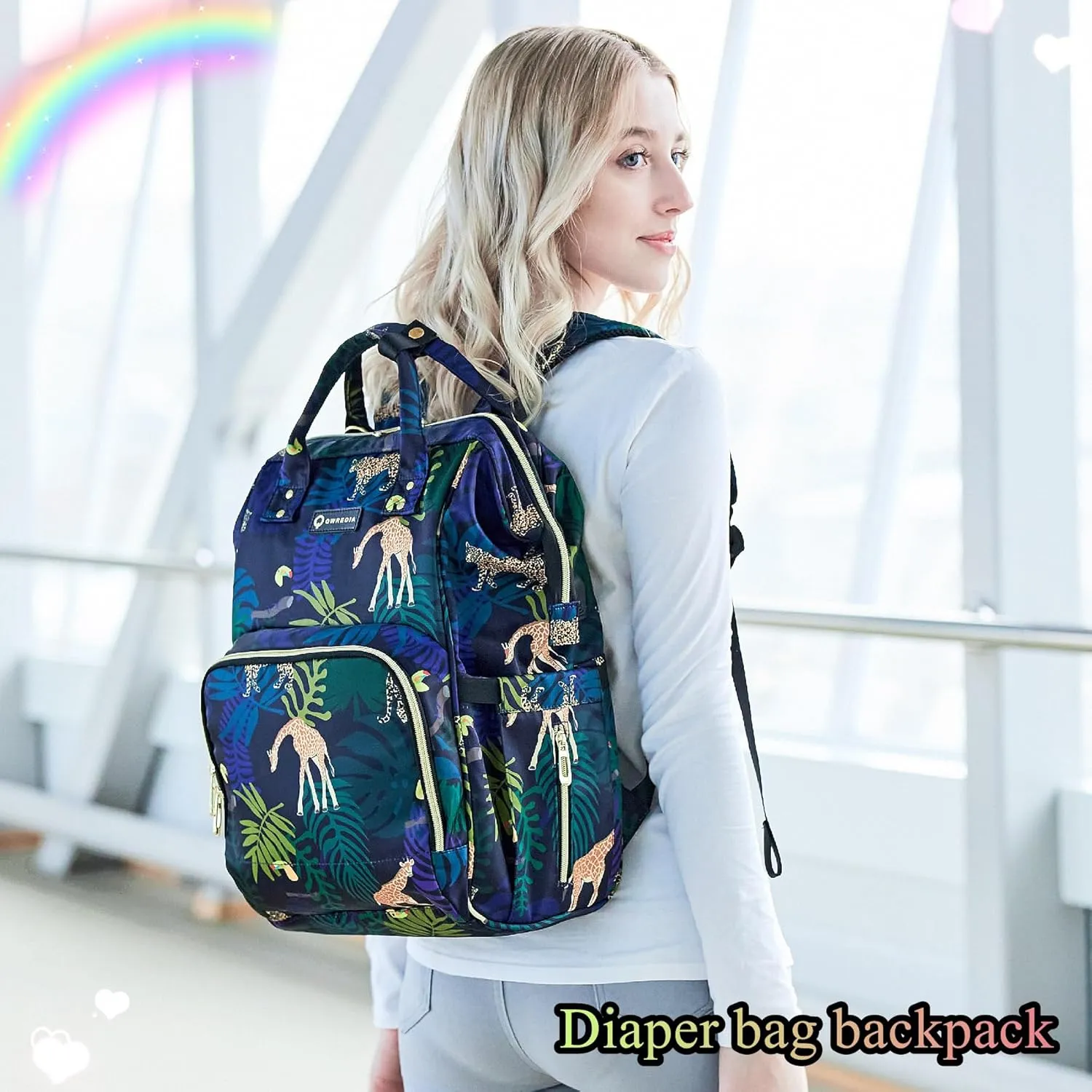 Diaper Bag Backpack, Animal Print Travel Nappy Bag with USB Charging Port Stroller Straps and Insulated Pocket For Women/Mum (Animal Print Pattern)