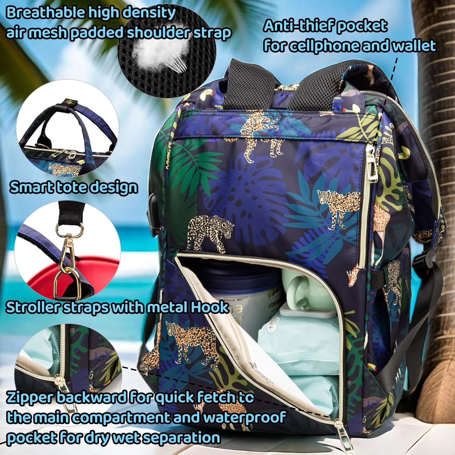 Diaper Bag Backpack, Animal Print Travel Nappy Bag with USB Charging Port Stroller Straps and Insulated Pocket For Women/Mum (Animal Print Pattern)