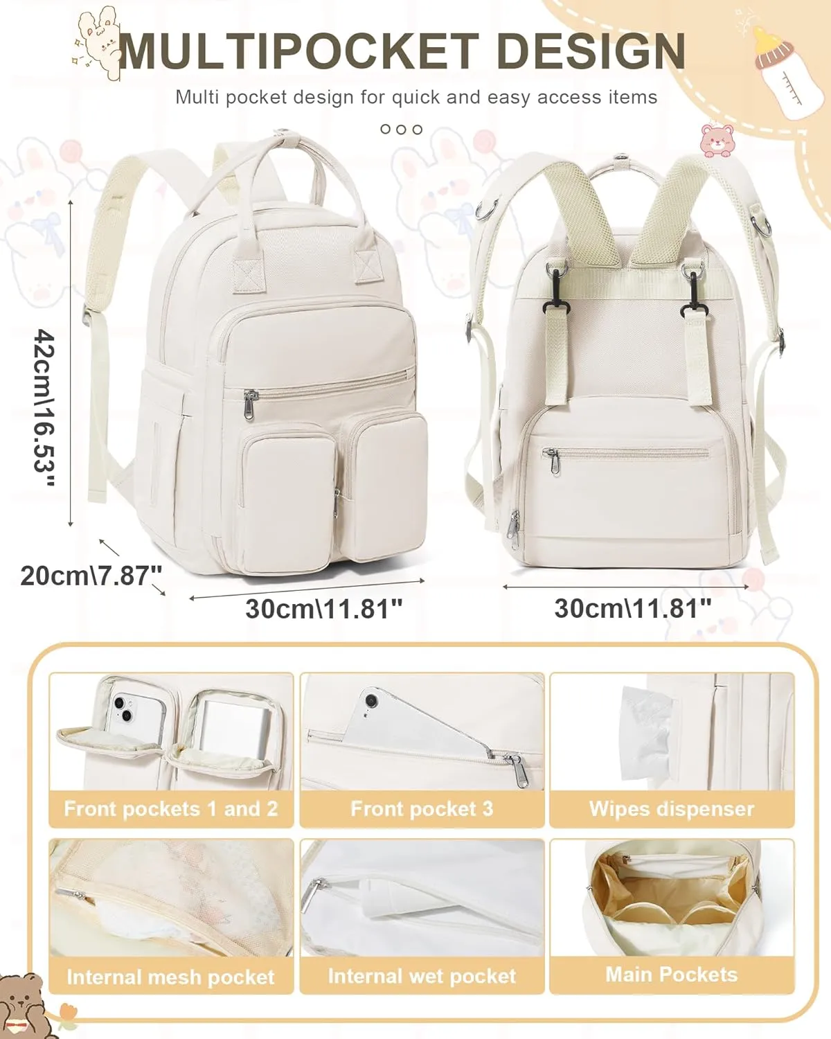 Diaper Bags Backpack for Mom Dad Baby Care Bag Maternity Nappy Bags for Boys Girls Small Beige Pañaleras para bebe Baby Changing Bag Large Capacity Waterproof Multifunction Travel Backpack