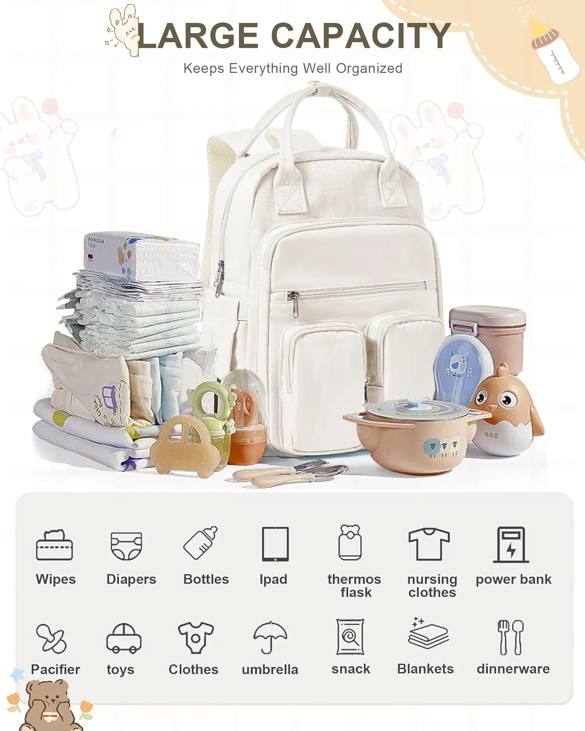 Diaper Bags Backpack for Mom Dad Baby Care Bag Maternity Nappy Bags for Boys Girls Small Beige Pañaleras para bebe Baby Changing Bag Large Capacity Waterproof Multifunction Travel Backpack