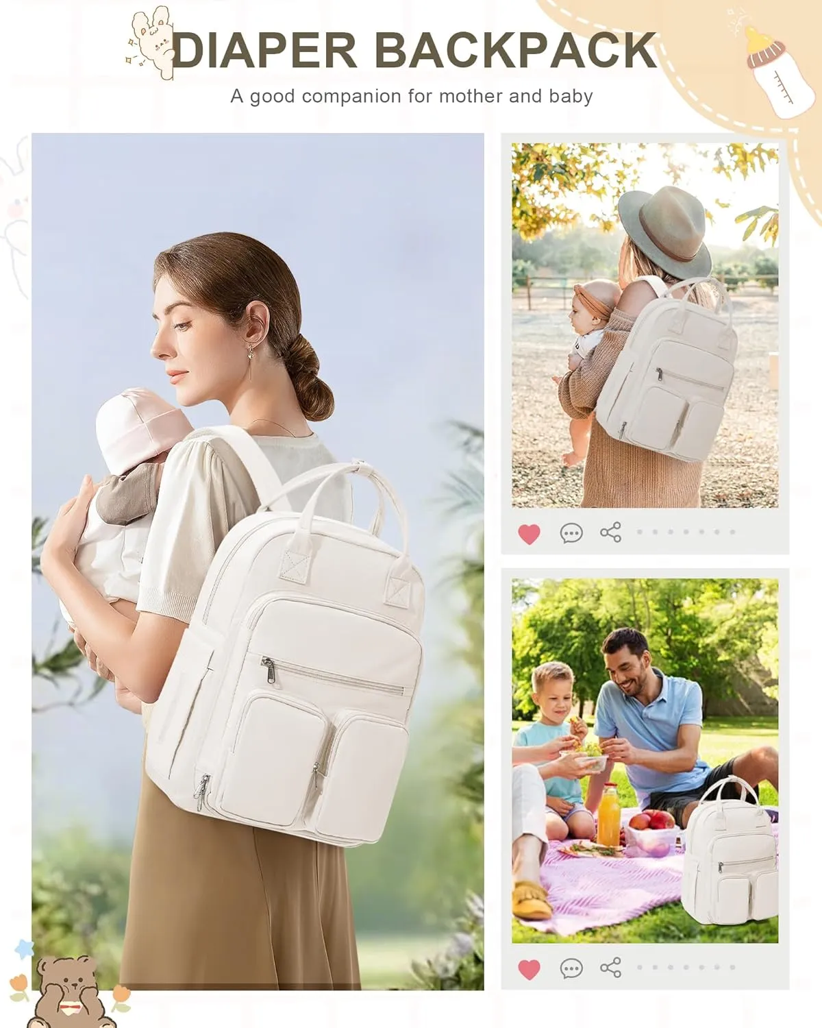 Diaper Bags Backpack for Mom Dad Baby Care Bag Maternity Nappy Bags for Boys Girls Small Beige Pañaleras para bebe Baby Changing Bag Large Capacity Waterproof Multifunction Travel Backpack