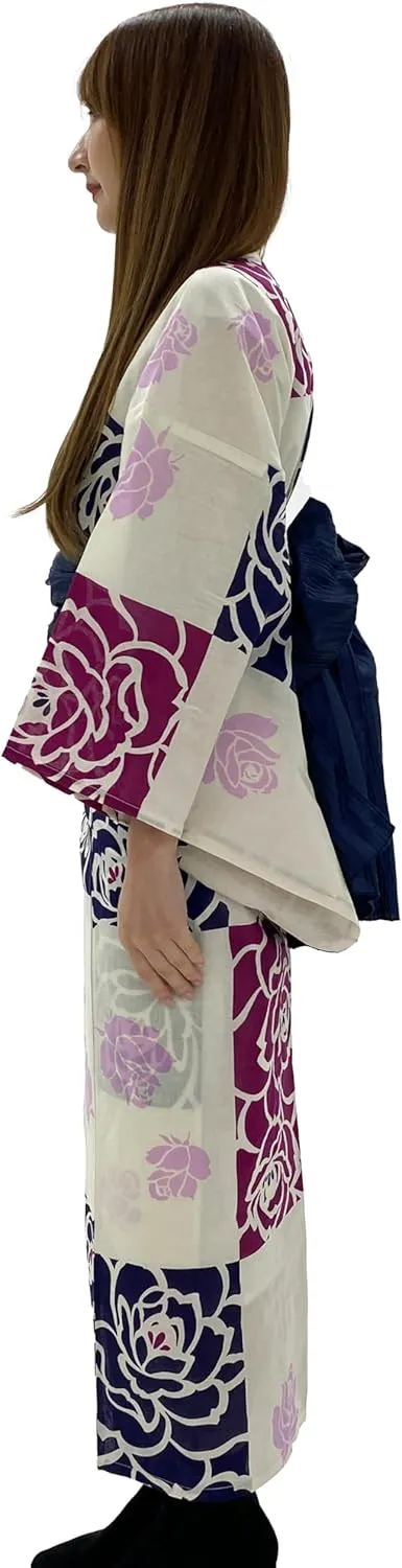 Dita ENSHU Traditional Cotton Women's Yukata Robe (japanese casual kimono) Easy Wearing (Yukata, Obi, Koshihimo) set3
