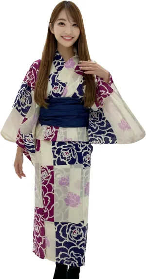 Dita ENSHU Traditional Cotton Women's Yukata Robe (japanese casual kimono) Easy Wearing (Yukata, Obi, Koshihimo) set3