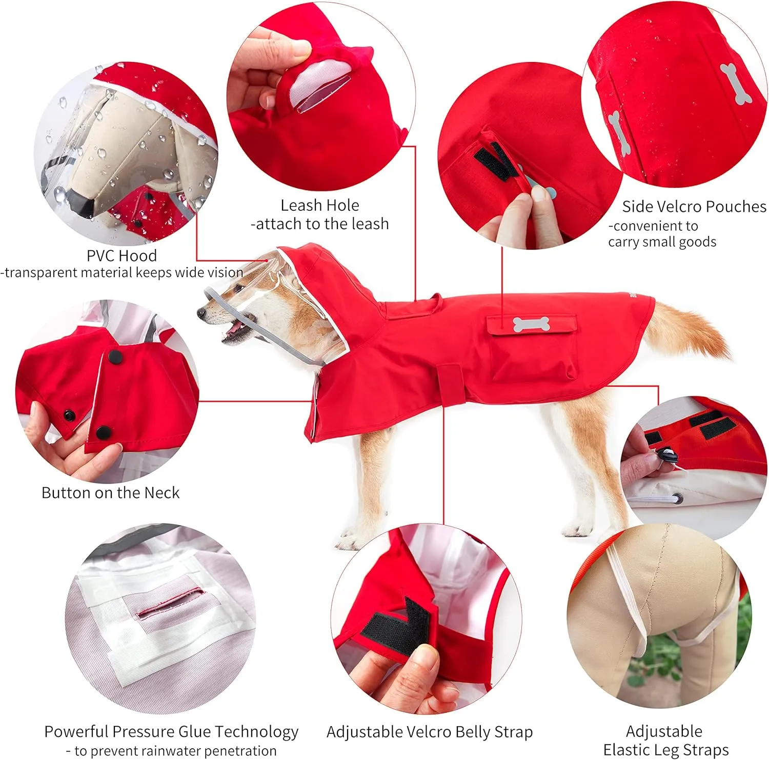 Dog Raincoat,Waterproof Rain Poncho with Hoodie, High Reflective Adjustable Pet Rain Jacket with Leash Hole for Small Medium and Large Dogs (Red, XX-Large)