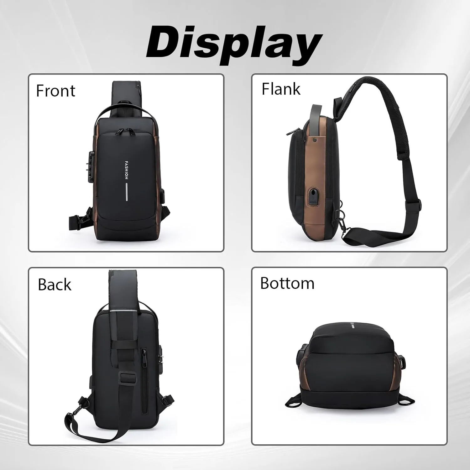 DOTH Carbon Fiber Streamline Anti-theft Sling Bag, USB Charging Sport Sling, Waterproof Shoulder Backpack, Sports Crossbody Bag (Grey with Brown)