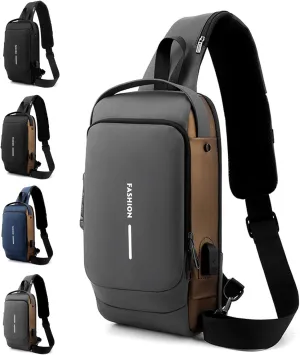 DOTH Carbon Fiber Streamline Anti-theft Sling Bag, USB Charging Sport Sling, Waterproof Shoulder Backpack, Sports Crossbody Bag (Grey with Brown)