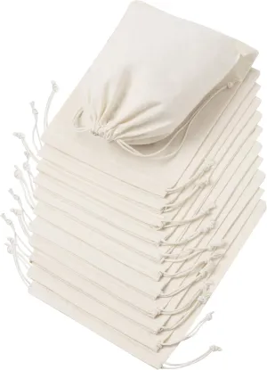 DR 100 Percent Cotton Muslin Drawstring Bags 12-Pack For Storage Pantry Gifts - Unbleached (8 x 10 inch, Beige)