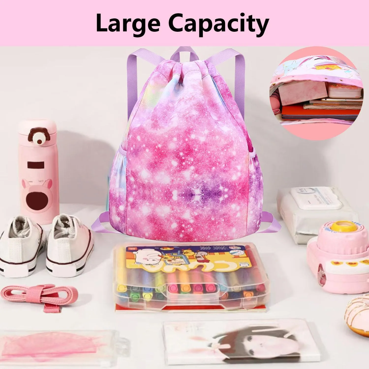 Drawstring Backpack for Kids - Girls Dance Bag,Sport Gym Beach Swim Travel Daypack