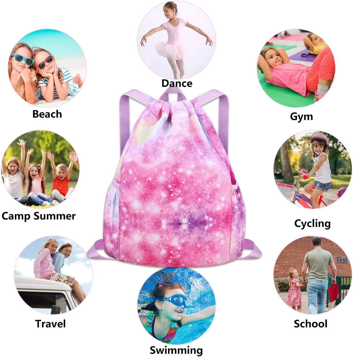 Drawstring Backpack for Kids - Girls Dance Bag,Sport Gym Beach Swim Travel Daypack