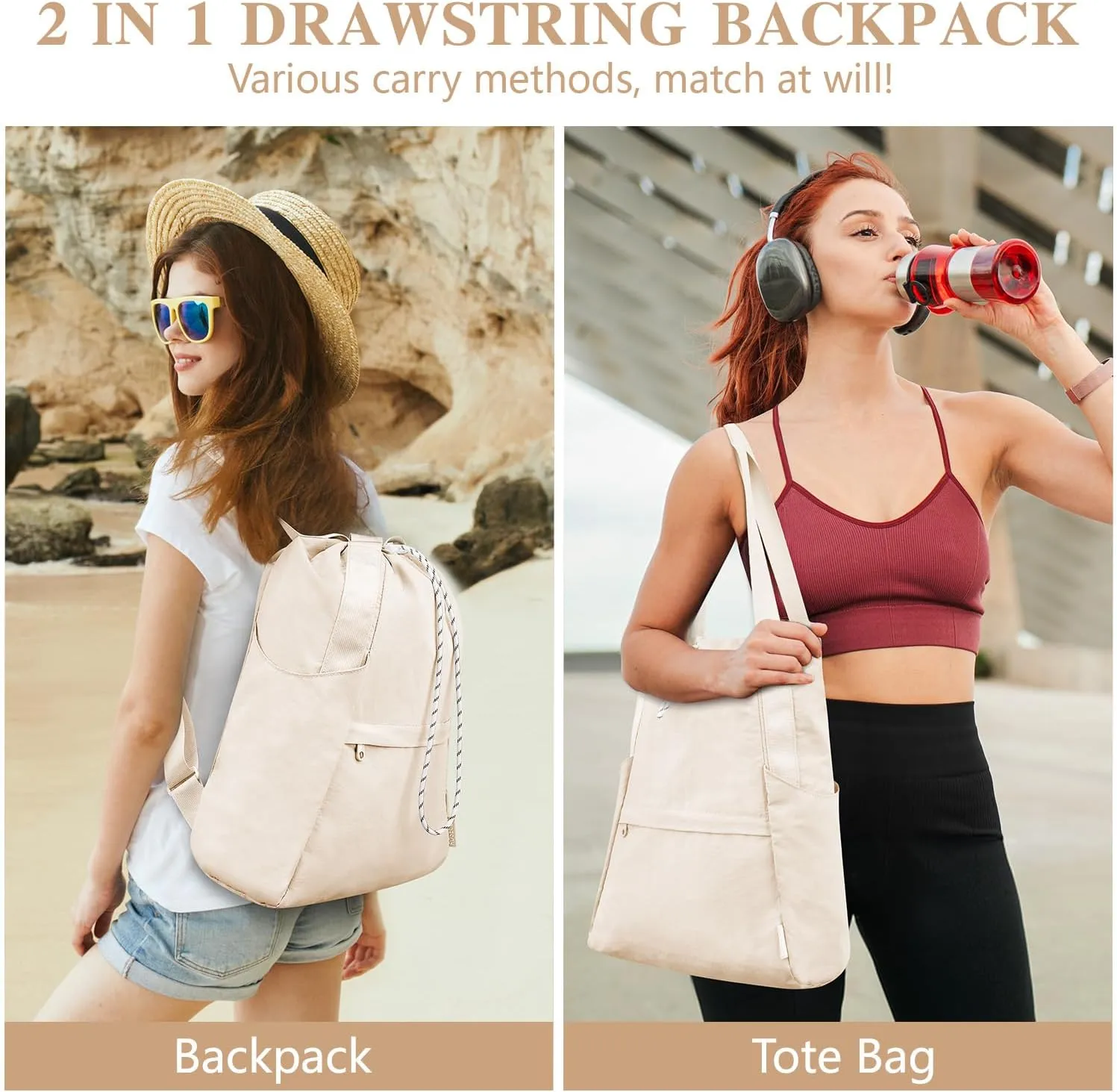 Drawstring Gym Backpack with Wet Pocket, Gym Bag for Women Men, Water Resistant Travel Tote Bags for Women, Drawstring Sports Bag for Beach Swim Travel Workout, Beige