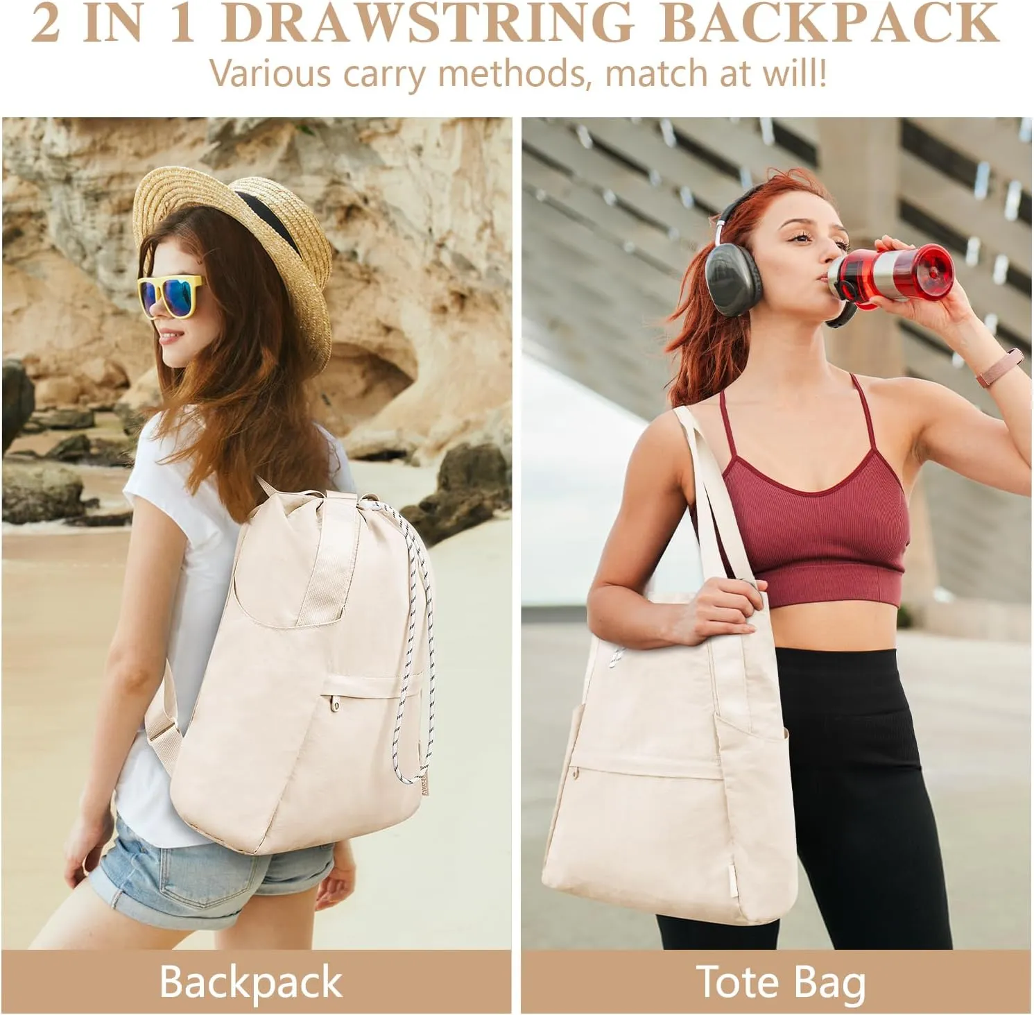 Drawstring Gym Backpack with Wet Pocket, Large Gym Bag for Women Men, Water Resistant Travel Tote Bags for Women, Drawstring Sports Bag for Beach Swim Travel Workout, Beige