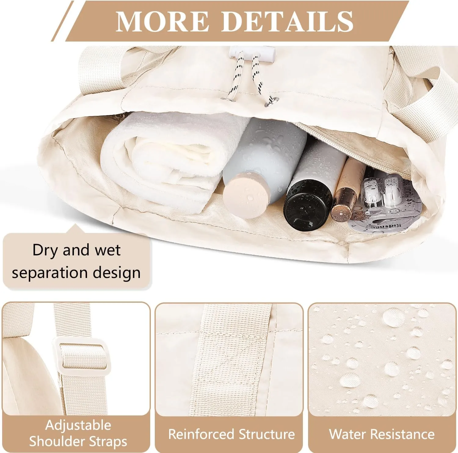 Drawstring Gym Backpack with Wet Pocket, Large Gym Bag for Women Men, Water Resistant Travel Tote Bags for Women, Drawstring Sports Bag for Beach Swim Travel Workout, Beige