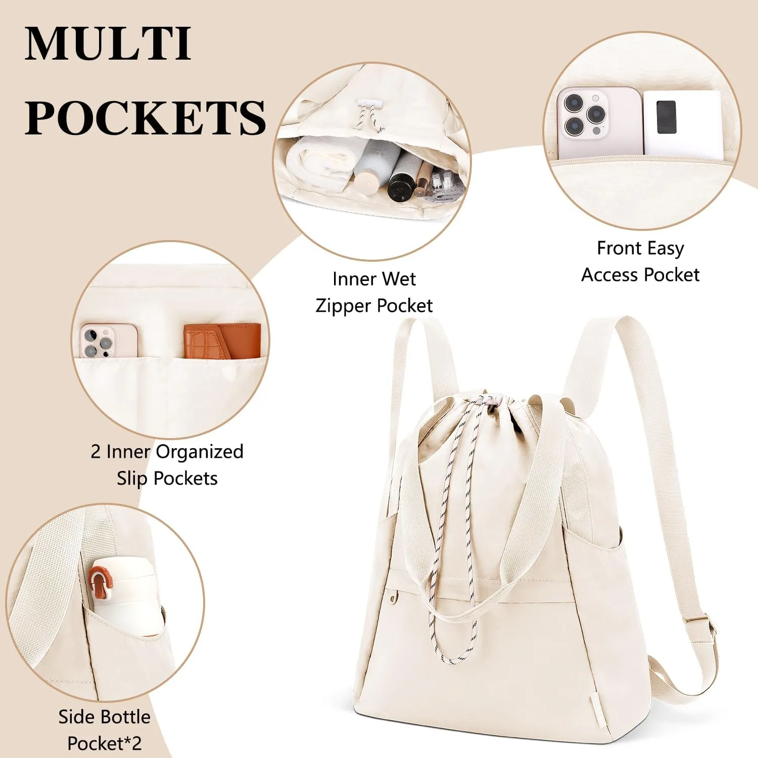 Drawstring Gym Backpack with Wet Pocket, Large Gym Bag for Women Men, Water Resistant Travel Tote Bags for Women, Drawstring Sports Bag for Beach Swim Travel Workout, Beige