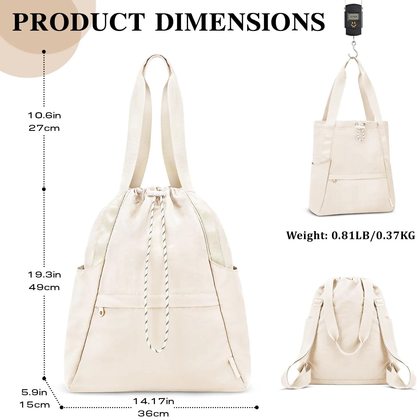 Drawstring Gym Backpack with Wet Pocket, Large Gym Bag for Women Men, Water Resistant Travel Tote Bags for Women, Drawstring Sports Bag for Beach Swim Travel Workout, Beige