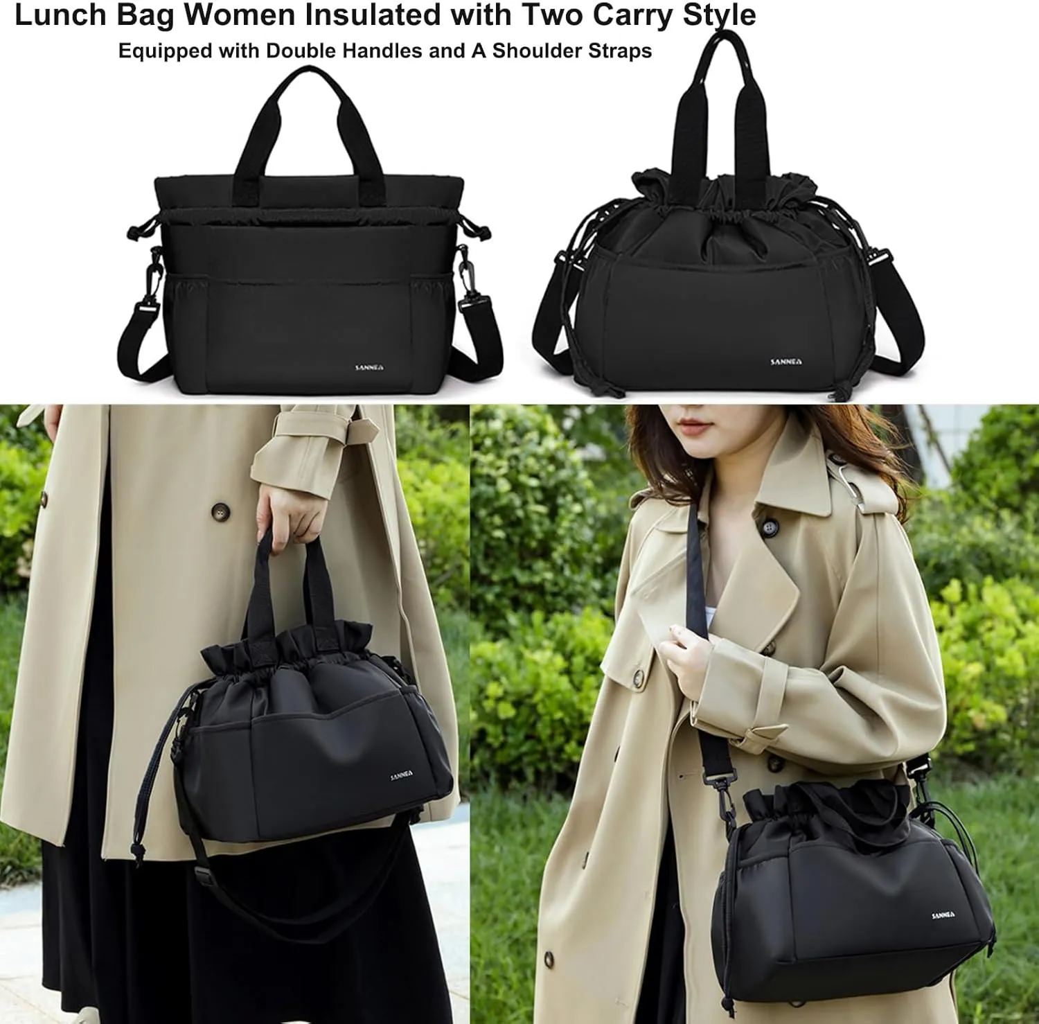 Drawstring Lunch Bag for Women Insulated Lunch Bag for Work Reusable Large Cinch Closure Picnic Cooler Tote Bags (Gray)