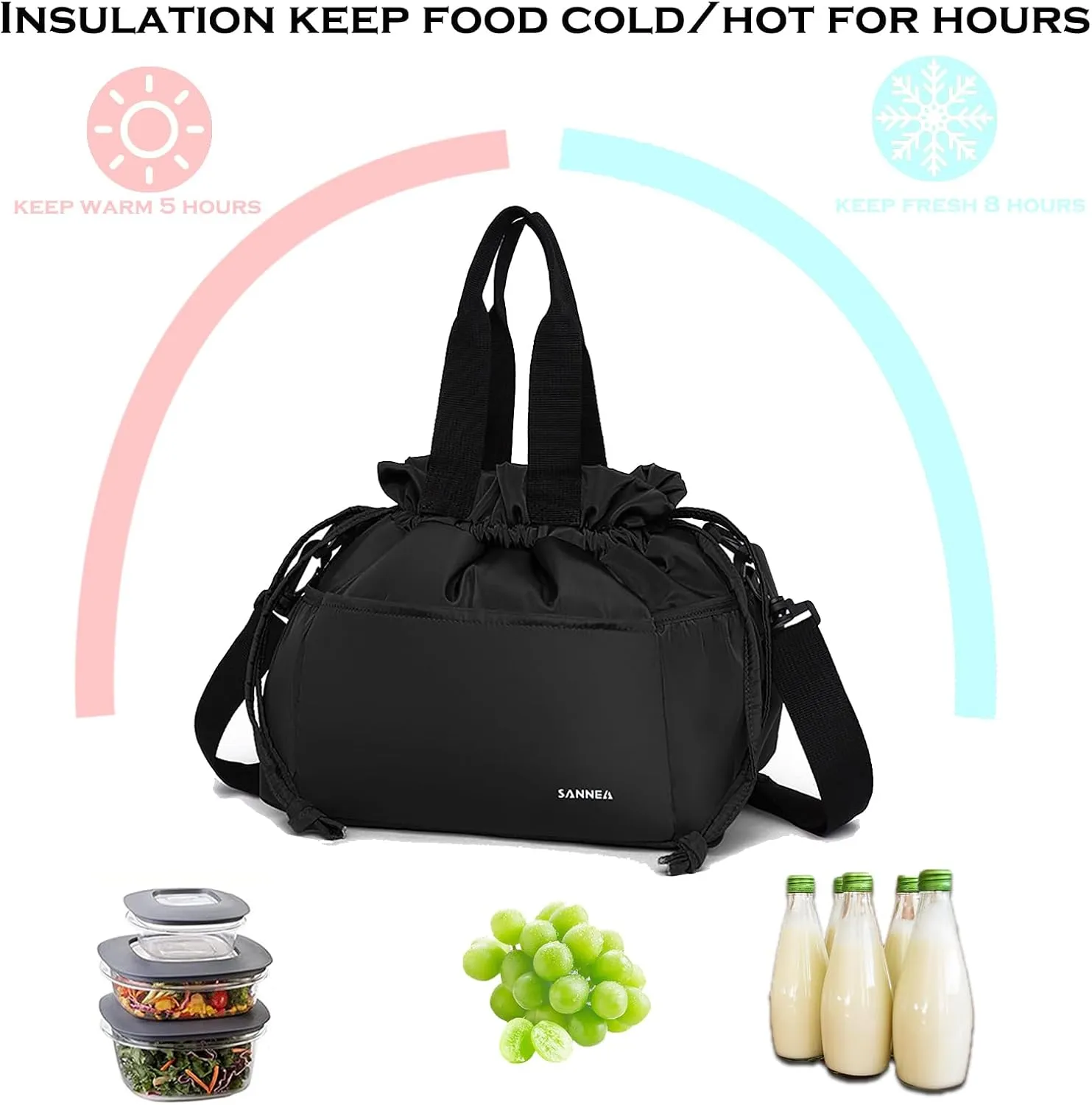 Drawstring Lunch Bag for Women Insulated Lunch Bag for Work Reusable Large Cinch Closure Picnic Cooler Tote Bags (Gray)
