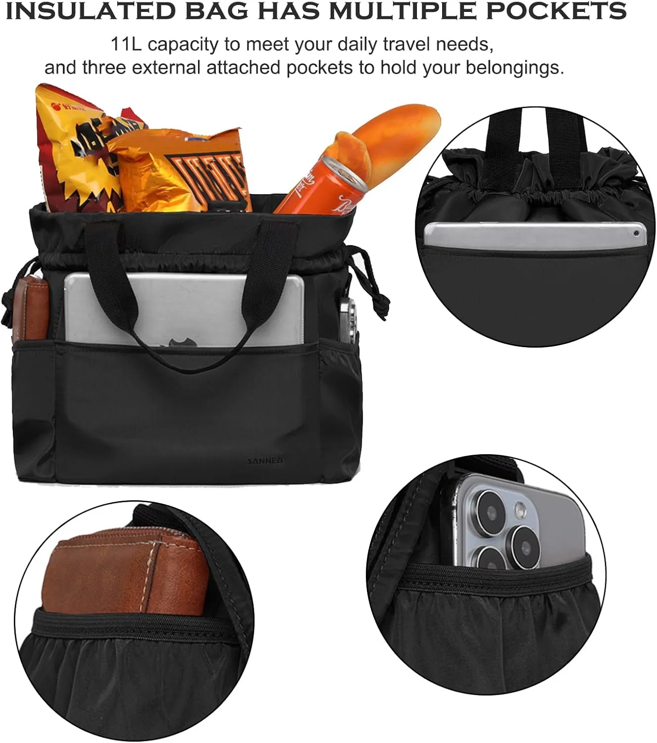 Drawstring Lunch Bag for Women Insulated Lunch Bag for Work Reusable Large Cinch Closure Picnic Cooler Tote Bags (Gray)
