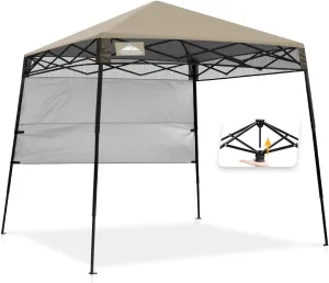 EAGLE PEAK 8x8 Pop Up Canopy Tent with Sidewall, Compact, Portable Slant Leg Instant Sun Shelter for Beach, Sports, & Camping, 8x8 Base 6x6 Top, Beige