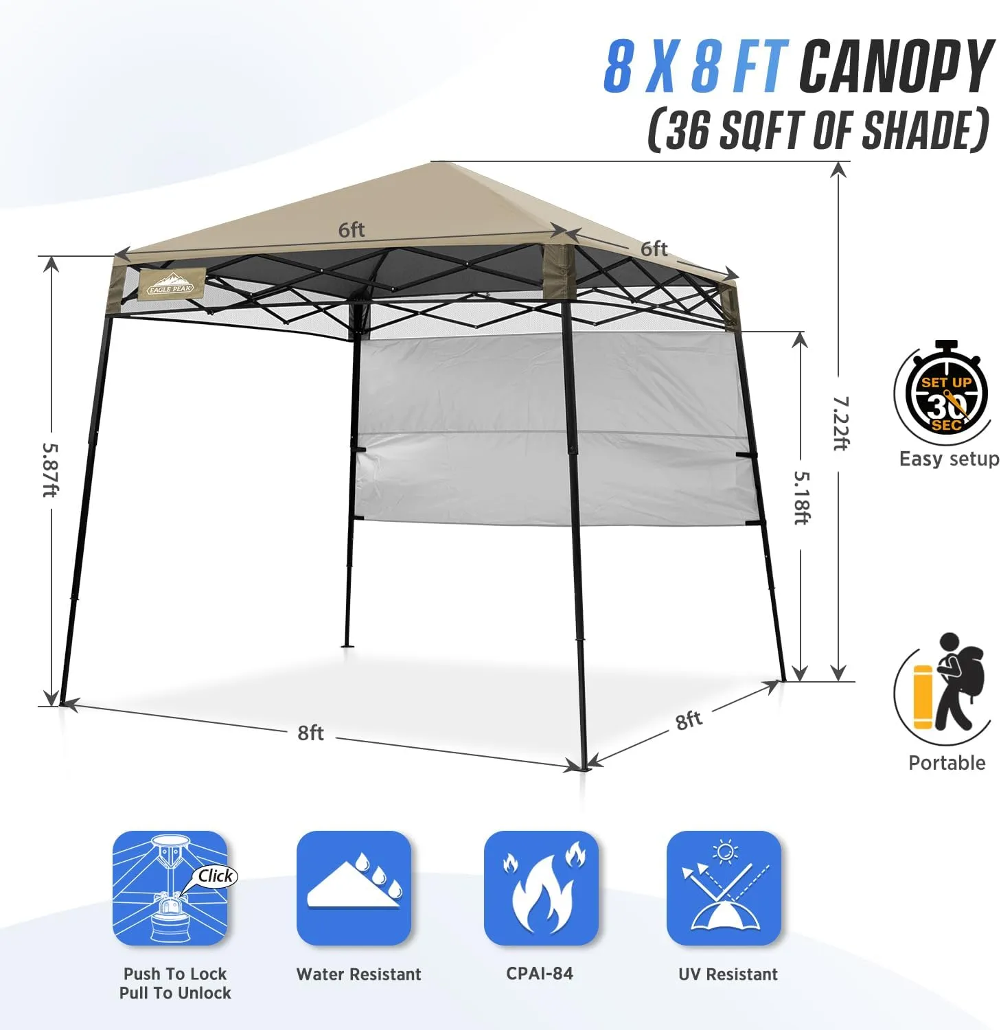 EAGLE PEAK 8x8 Pop Up Canopy Tent with Sidewall, Compact, Portable Slant Leg Instant Sun Shelter for Beach, Sports, & Camping, 8x8 Base 6x6 Top, Beige