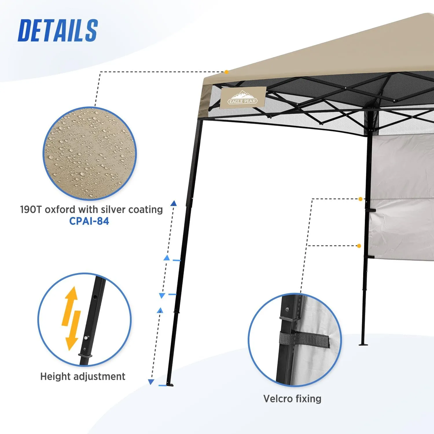 EAGLE PEAK 8x8 Pop Up Canopy Tent with Sidewall, Compact, Portable Slant Leg Instant Sun Shelter for Beach, Sports, & Camping, 8x8 Base 6x6 Top, Beige