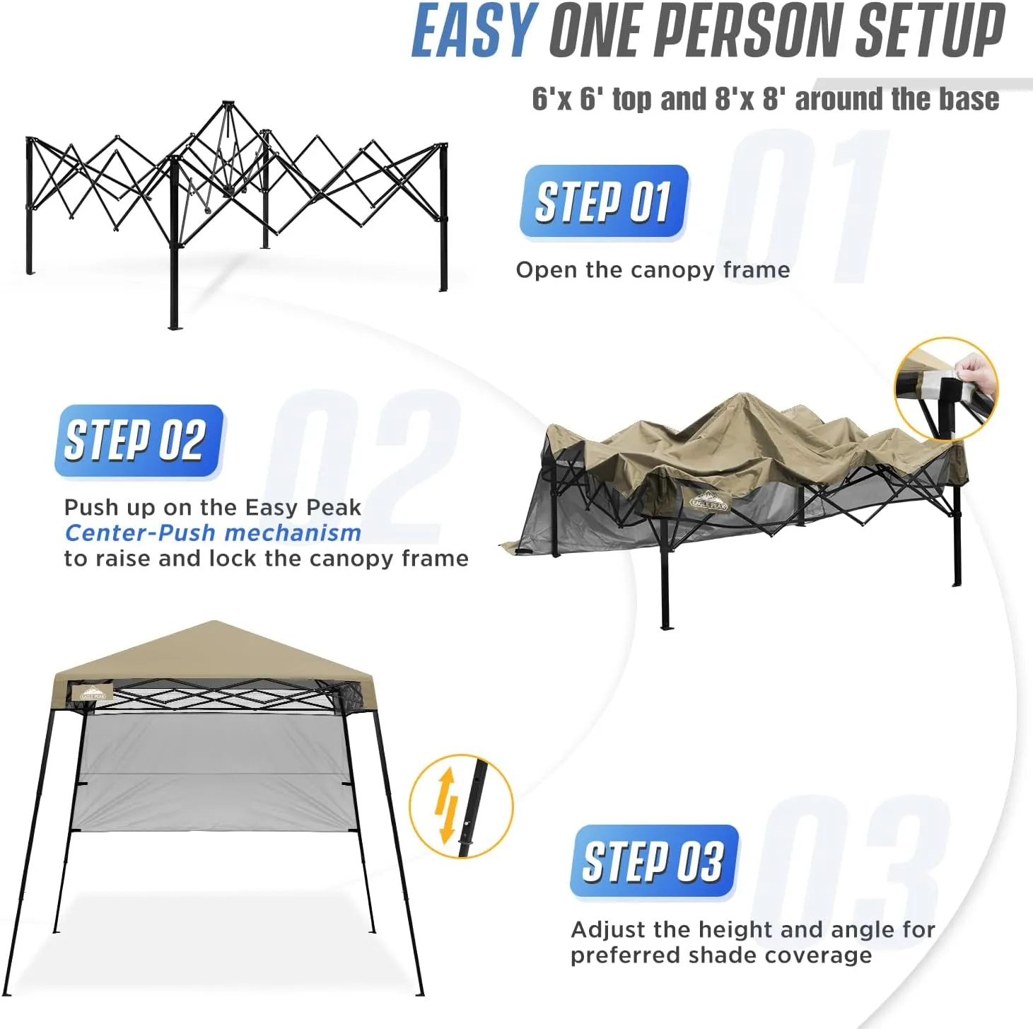 EAGLE PEAK 8x8 Pop Up Canopy Tent with Sidewall, Compact, Portable Slant Leg Instant Sun Shelter for Beach, Sports, & Camping, 8x8 Base 6x6 Top, Beige