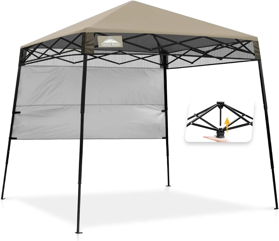 EAGLE PEAK 8x8 Pop Up Canopy Tent with Sidewall, Compact, Portable Slant Leg Instant Sun Shelter for Beach, Sports, & Camping, 8x8 Base 6x6 Top, Beige