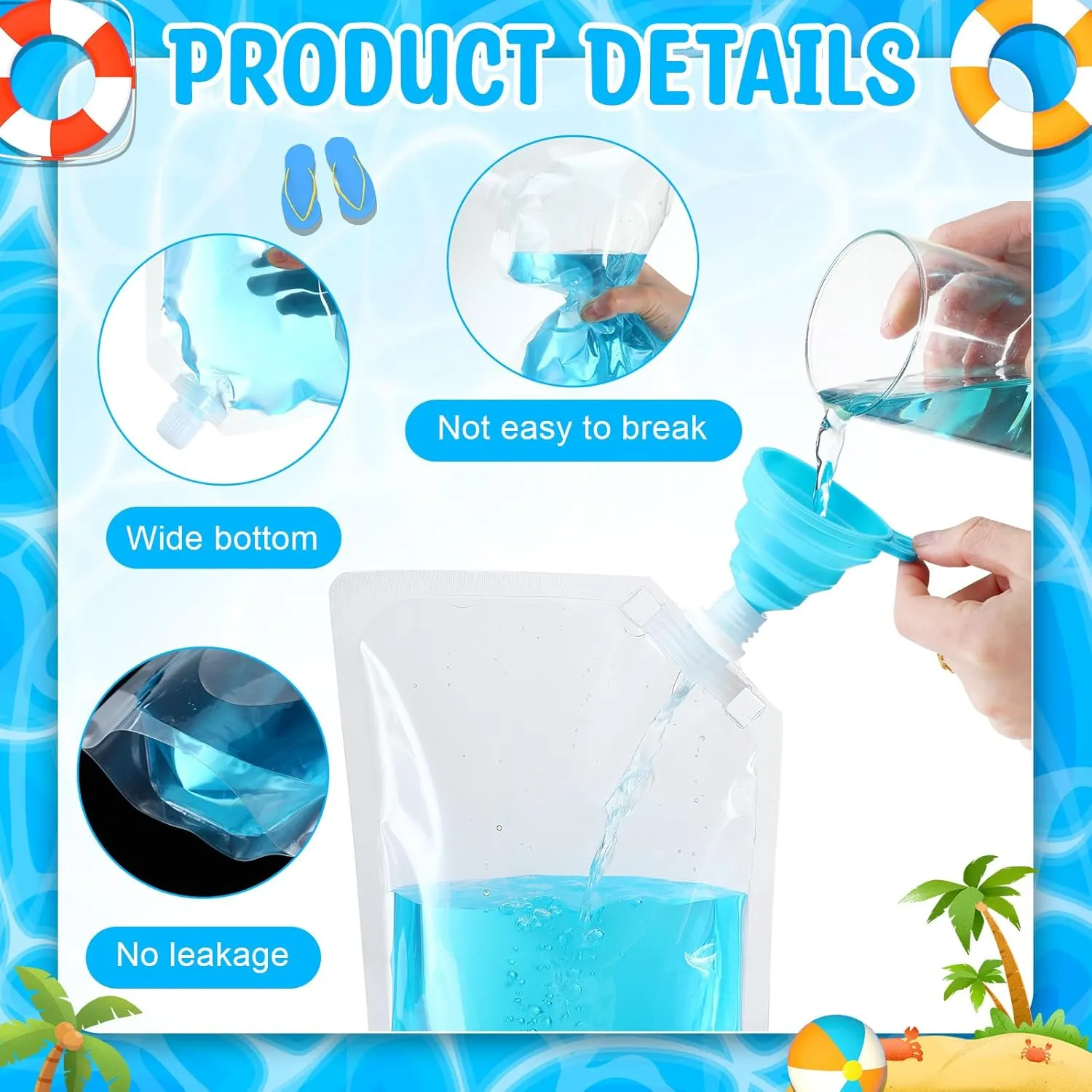 EBOOT 37 Pcs Reusable Plastic Liquid Bags Travel Pouches for Adults Disposable Juice Bag with Collapsible Silicone Funnels for Cruise Travel (32 oz)