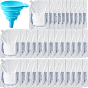 EBOOT 37 Pcs Reusable Plastic Liquid Bags Travel Pouches for Adults Disposable Juice Bag with Collapsible Silicone Funnels for Cruise Travel (32 oz)