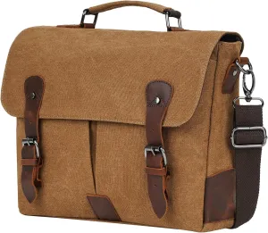 ECHSRT Messenger Bags for Men Vintage Canvas Laptop Bag for Business Satchel Shoulder Leather Briefcase for Work Office