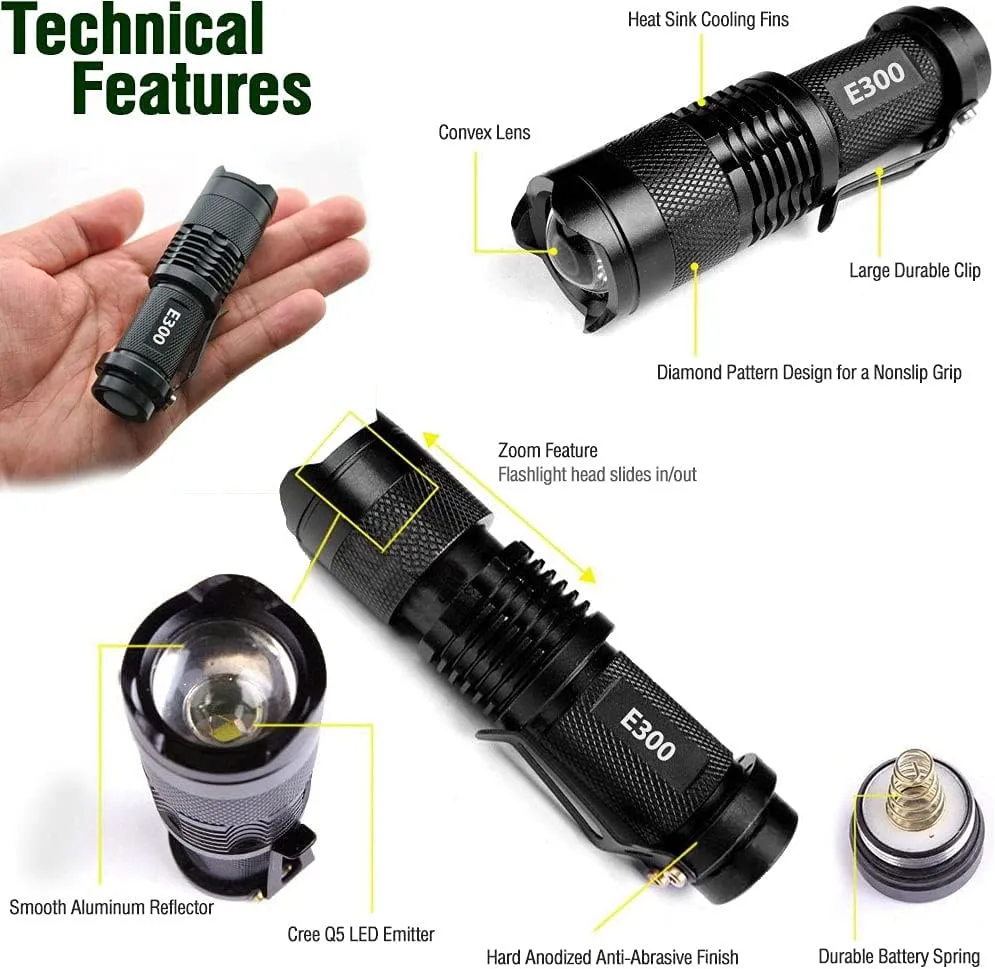 EcoGear FX Small Pocket LED Tactical Flashlights E300 - EDC Everyday Carry LED Flashlight with 3 Light Modes, Adjustable Zoom and Attached Belt Clip - Great Flashlight Gifts for Men (3 Pack)