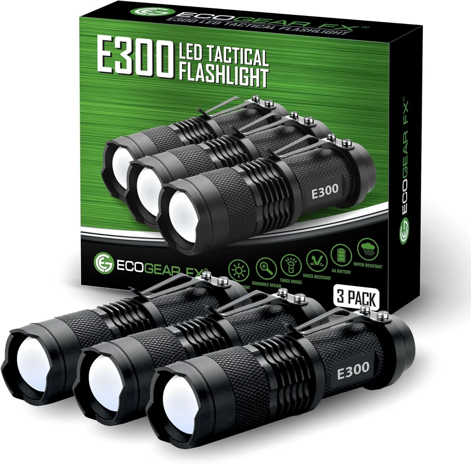 EcoGear FX Small Pocket LED Tactical Flashlights E300 - EDC Everyday Carry LED Flashlight with 3 Light Modes, Adjustable Zoom and Attached Belt Clip - Great Flashlight Gifts for Men (3 Pack)