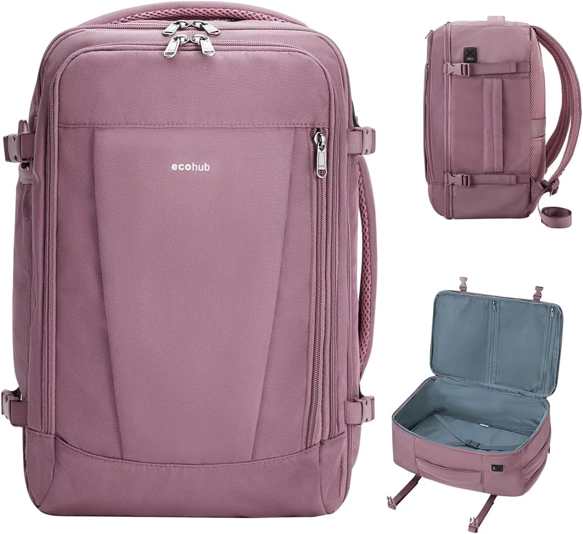 ECOHUB 17'' Travel Backpack, Personal Item Backpack with 13 Pockets, Flight Approved Carry on Backpack with USB Port & Luggage Sleeve, Travel bag for Women, Water Resistant Backpack, Pink