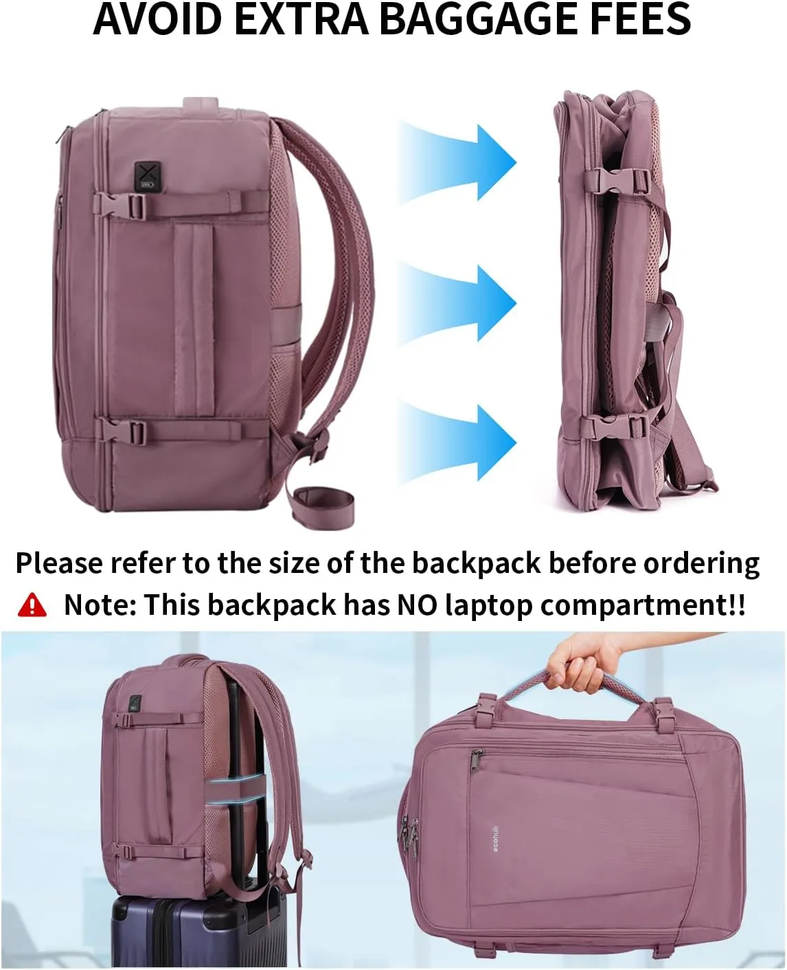 ECOHUB 17'' Travel Backpack, Personal Item Backpack with 13 Pockets, Flight Approved Carry on Backpack with USB Port & Luggage Sleeve, Travel bag for Women, Water Resistant Backpack, Pink