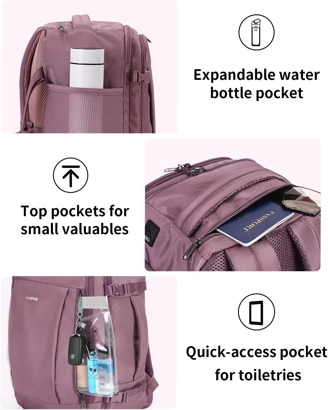 ECOHUB 17'' Travel Backpack, Personal Item Backpack with 13 Pockets, Flight Approved Carry on Backpack with USB Port & Luggage Sleeve, Travel bag for Women, Water Resistant Backpack, Pink