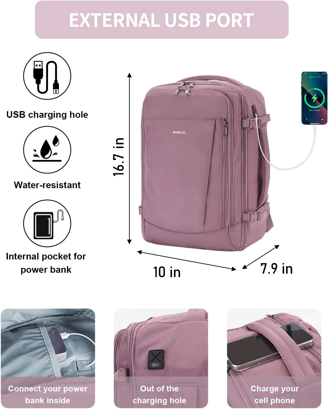 ECOHUB 17'' Travel Backpack, Personal Item Backpack with 13 Pockets, Flight Approved Carry on Backpack with USB Port & Luggage Sleeve, Travel bag for Women, Water Resistant Backpack, Pink