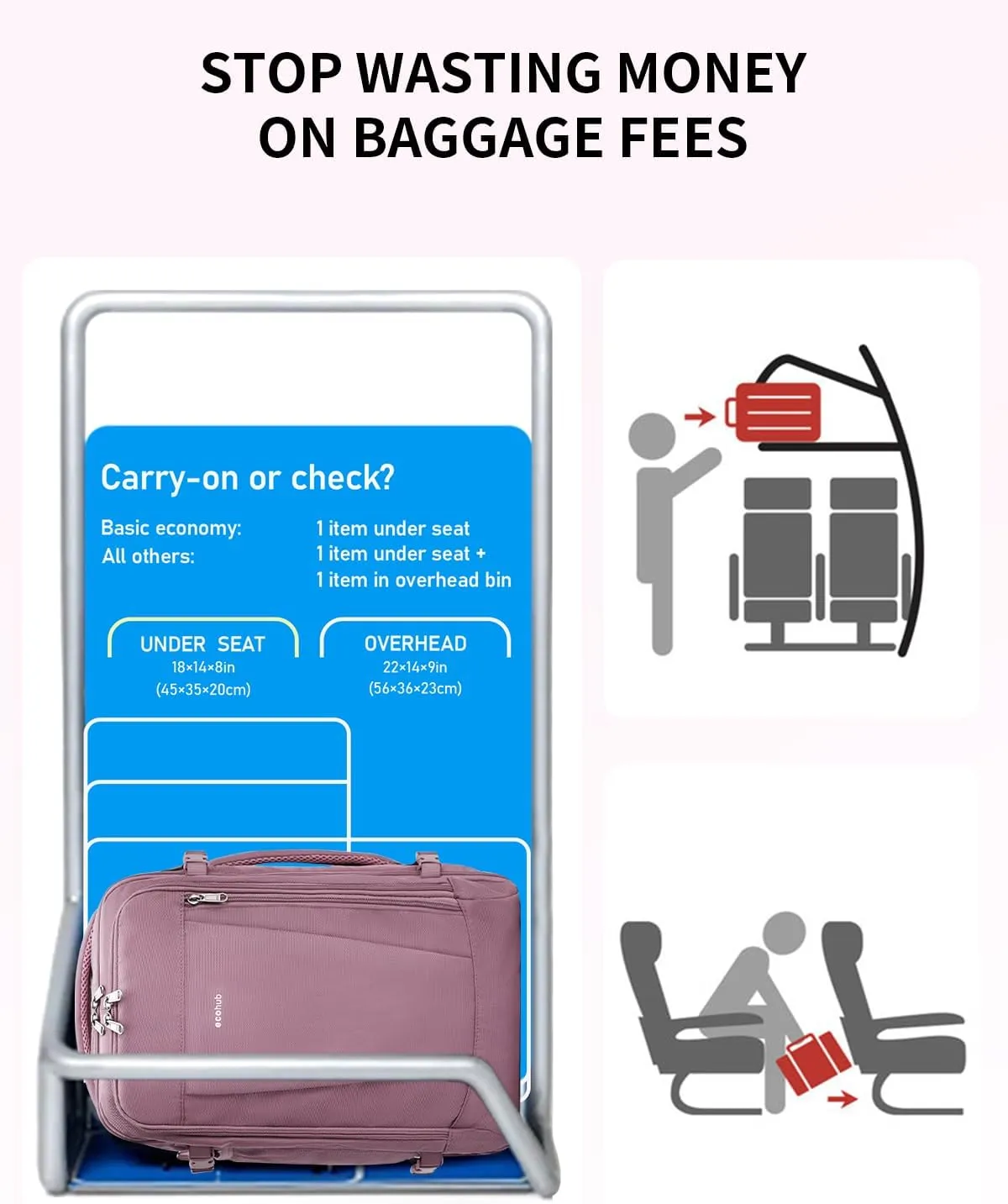ECOHUB 17'' Travel Backpack, Personal Item Backpack with 13 Pockets, Flight Approved Carry on Backpack with USB Port & Luggage Sleeve, Travel bag for Women, Water Resistant Backpack, Pink