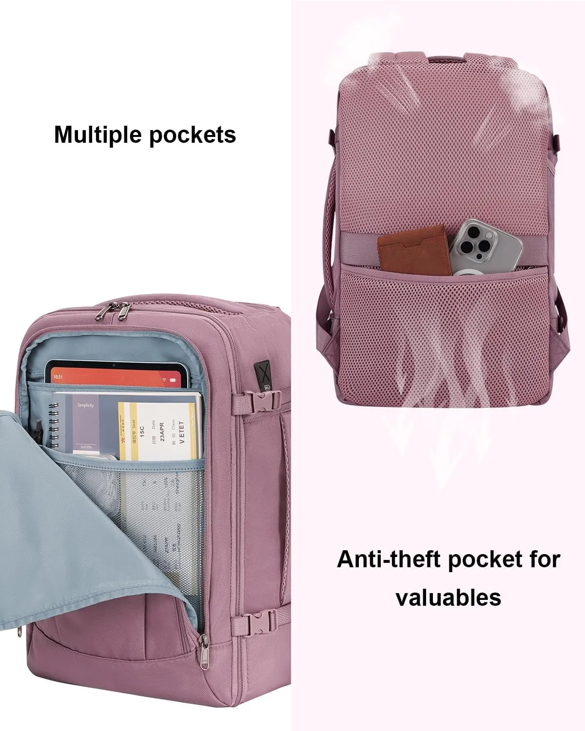 ECOHUB 17'' Travel Backpack, Personal Item Backpack with 13 Pockets, Flight Approved Carry on Backpack with USB Port & Luggage Sleeve, Travel bag for Women, Water Resistant Backpack, Pink