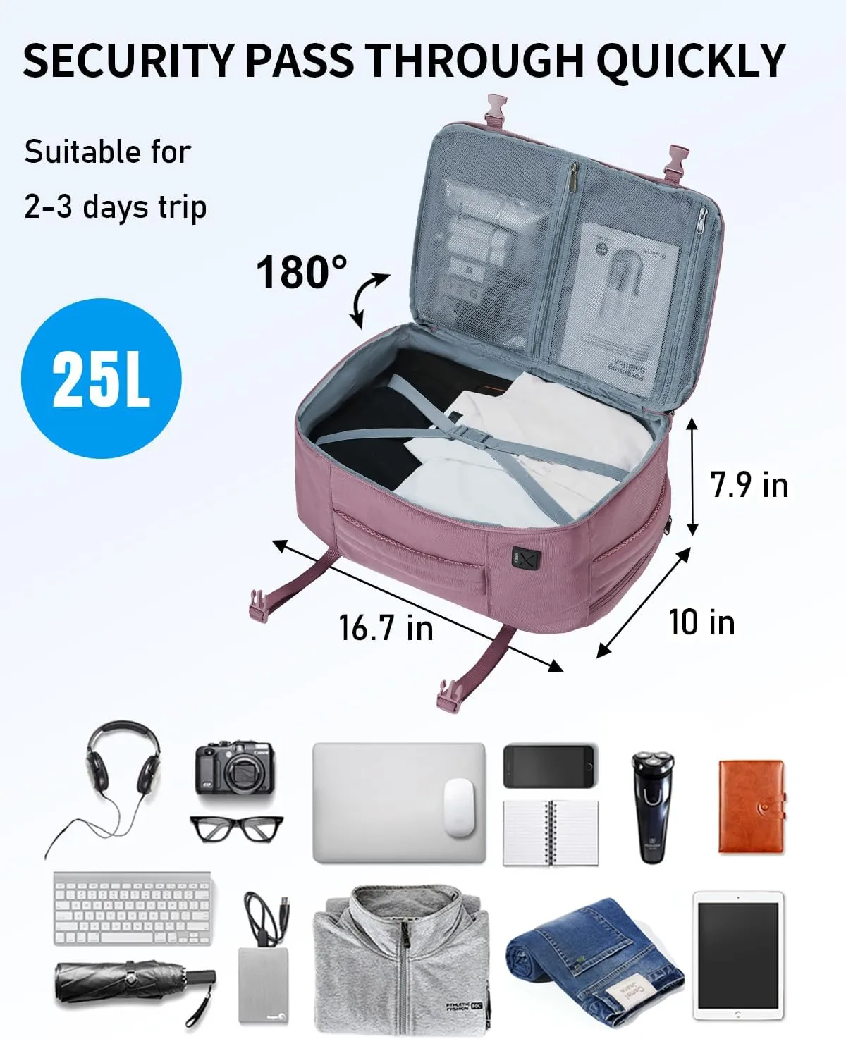 ECOHUB 17'' Travel Backpack, Personal Item Backpack with 13 Pockets, Flight Approved Carry on Backpack with USB Port & Luggage Sleeve, Travel bag for Women, Water Resistant Backpack, Pink