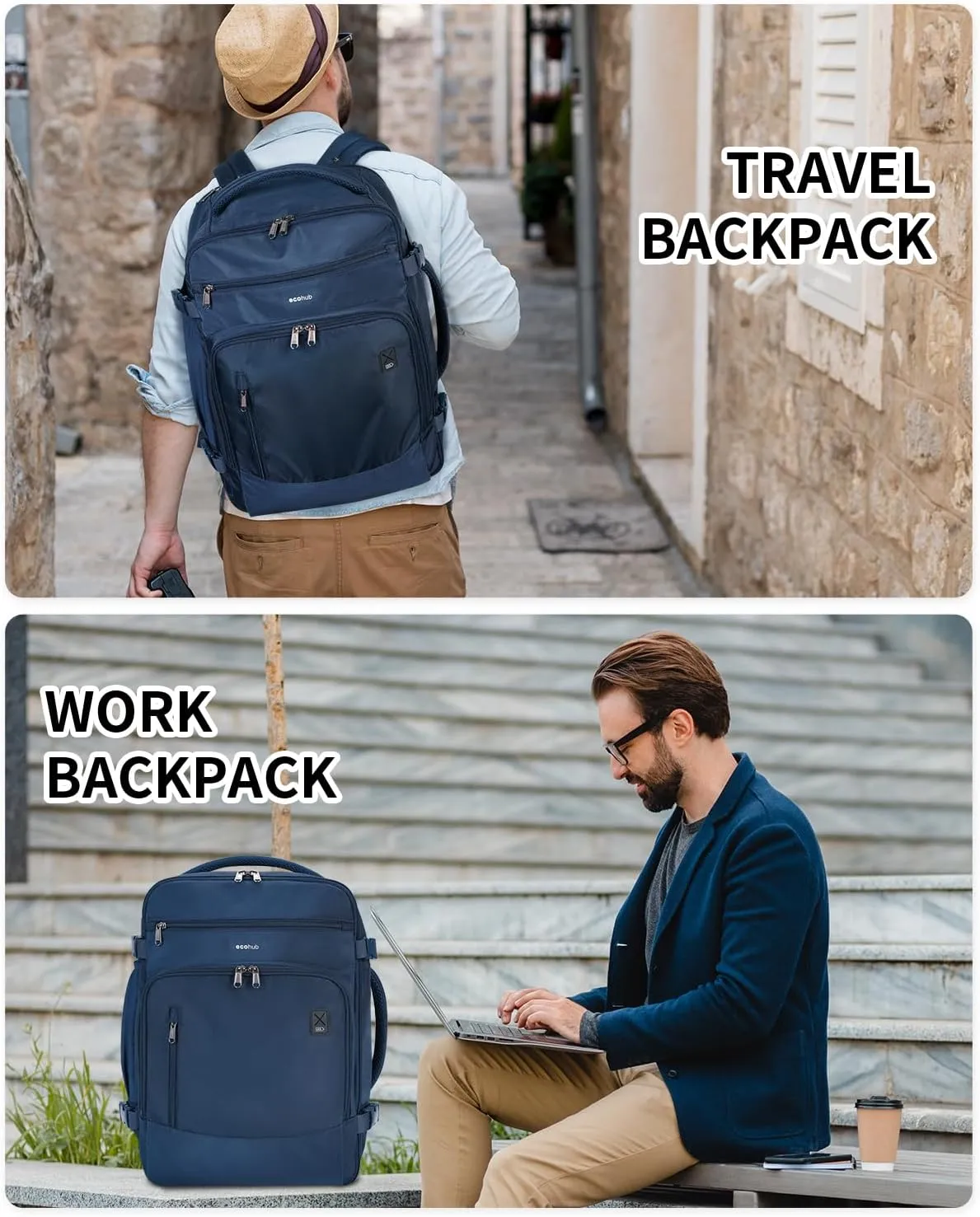 ECOHUB Travel Backpack for Men, 18x14x8 Spirit Airlines Personal Item Bag with Clear Toiletry Bag, Laptop Carry on Backpack with USB Port, Airline Approved Under Seat 14 Pockets 30L, Blue