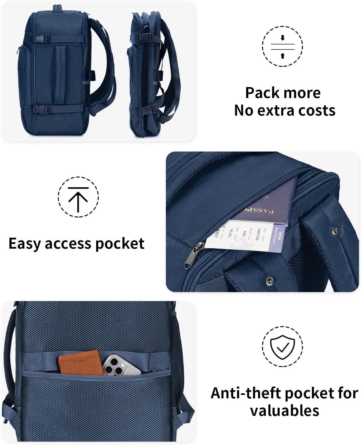 ECOHUB Travel Backpack for Men, 18x14x8 Spirit Airlines Personal Item Bag with Clear Toiletry Bag, Laptop Carry on Backpack with USB Port, Airline Approved Under Seat 14 Pockets 30L, Blue
