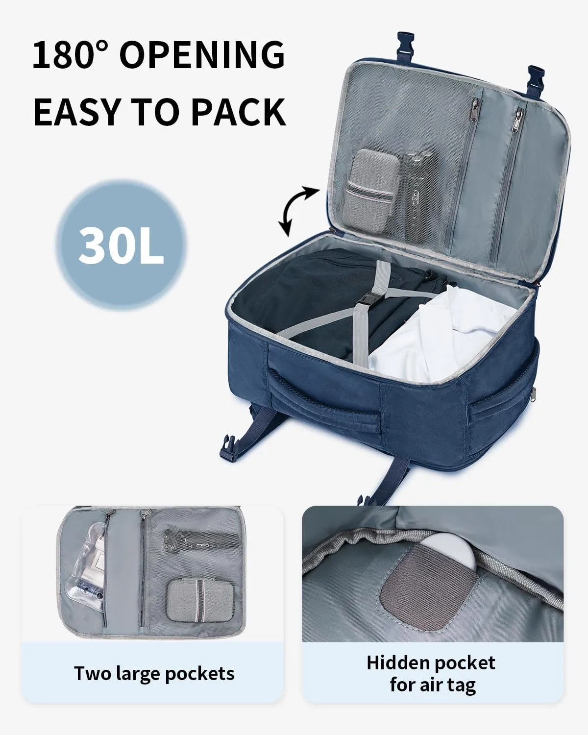 ECOHUB Travel Backpack for Men, 18x14x8 Spirit Airlines Personal Item Bag with Clear Toiletry Bag, Laptop Carry on Backpack with USB Port, Airline Approved Under Seat 14 Pockets 30L, Blue