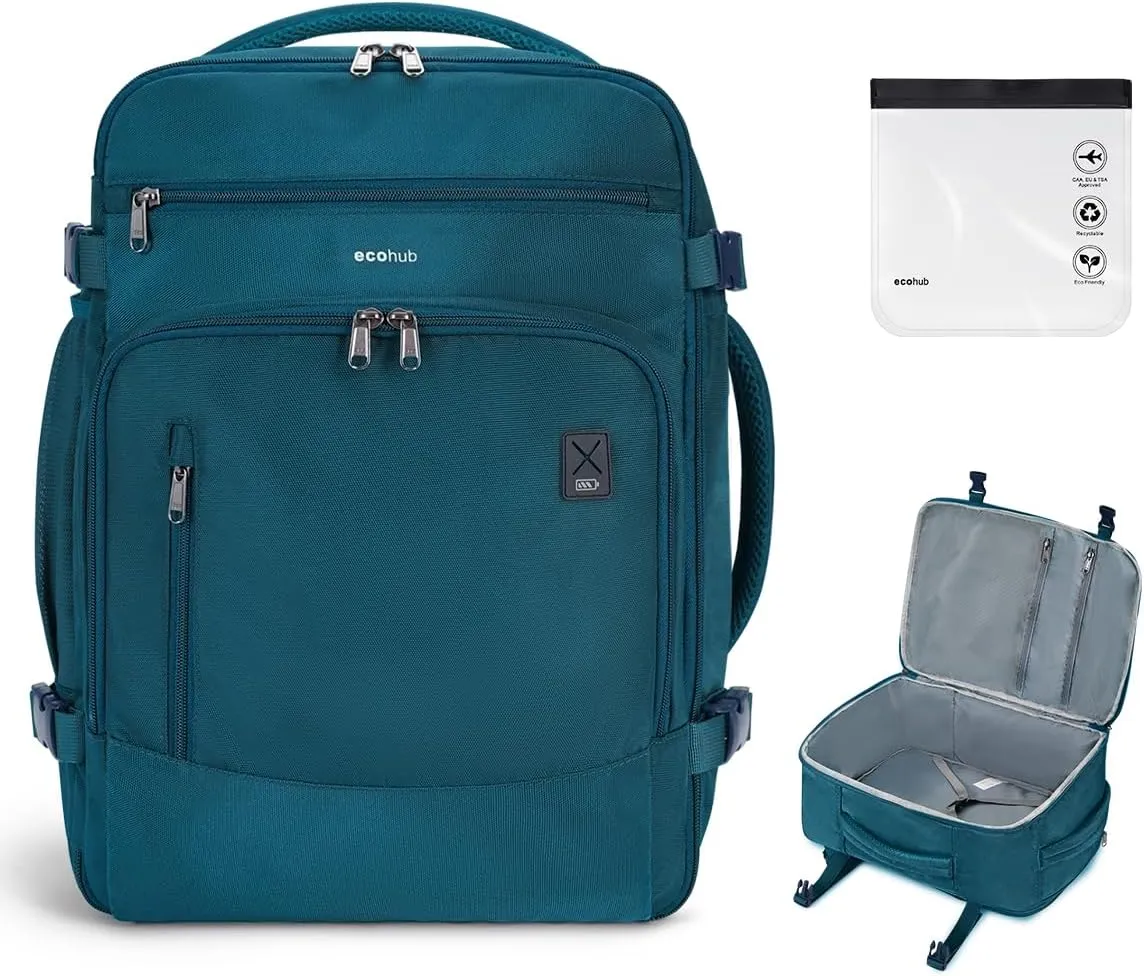 ECOHUB Travel Backpack for Men, 18x14x8 Spirit Airlines Personal Item Bag with Clear Toiletry Bag, Laptop Carry on Backpack with USB Port, Airline Approved Under Seat 14 Pockets, Blue Green
