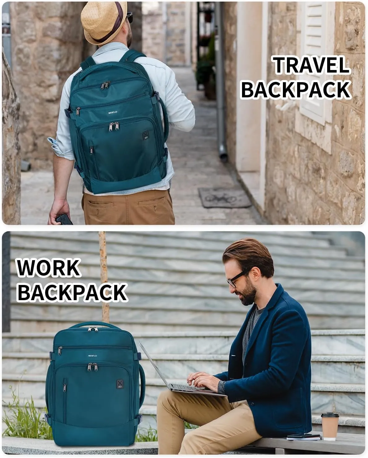 ECOHUB Travel Backpack for Men, 18x14x8 Spirit Airlines Personal Item Bag with Clear Toiletry Bag, Laptop Carry on Backpack with USB Port, Airline Approved Under Seat 14 Pockets, Blue Green