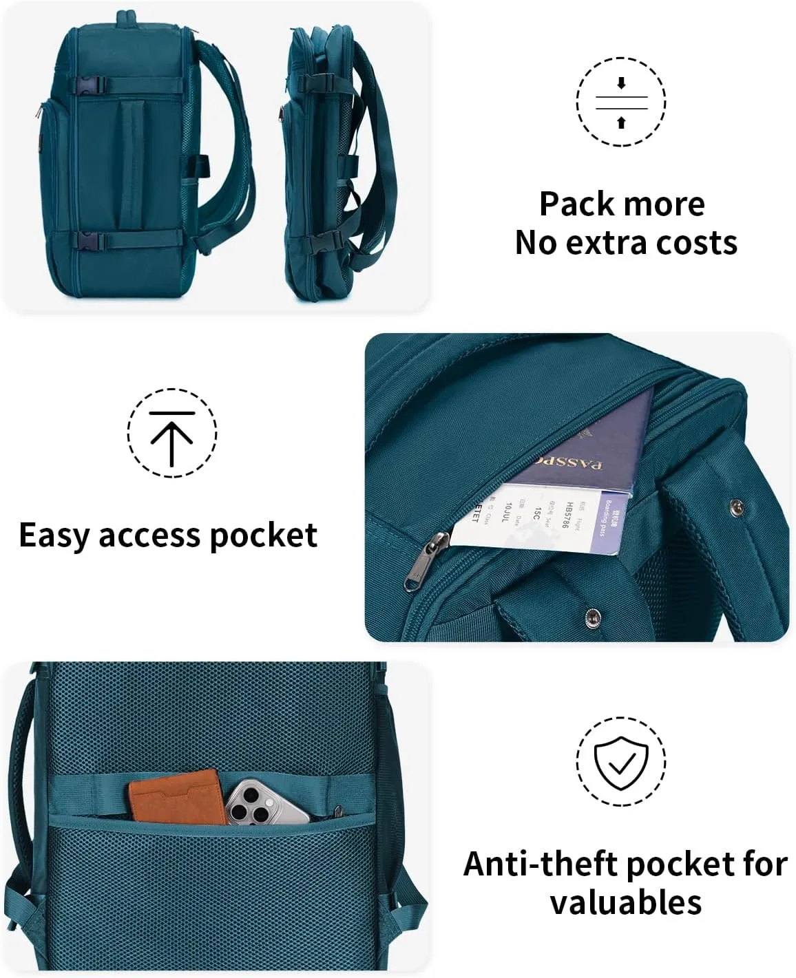 ECOHUB Travel Backpack for Men, 18x14x8 Spirit Airlines Personal Item Bag with Clear Toiletry Bag, Laptop Carry on Backpack with USB Port, Airline Approved Under Seat 14 Pockets, Blue Green