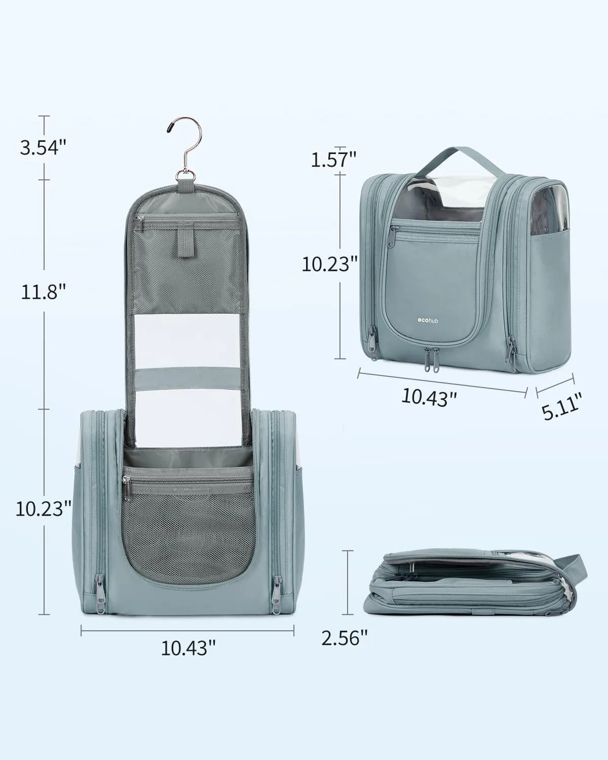 ECOHUB Travel Toiletry Bag, Hanging Toiletry Bag for Women, Full-size Container, Water-resistant Travel Makeup Organizer, Toiletries, Grey （PATENT PENDING）