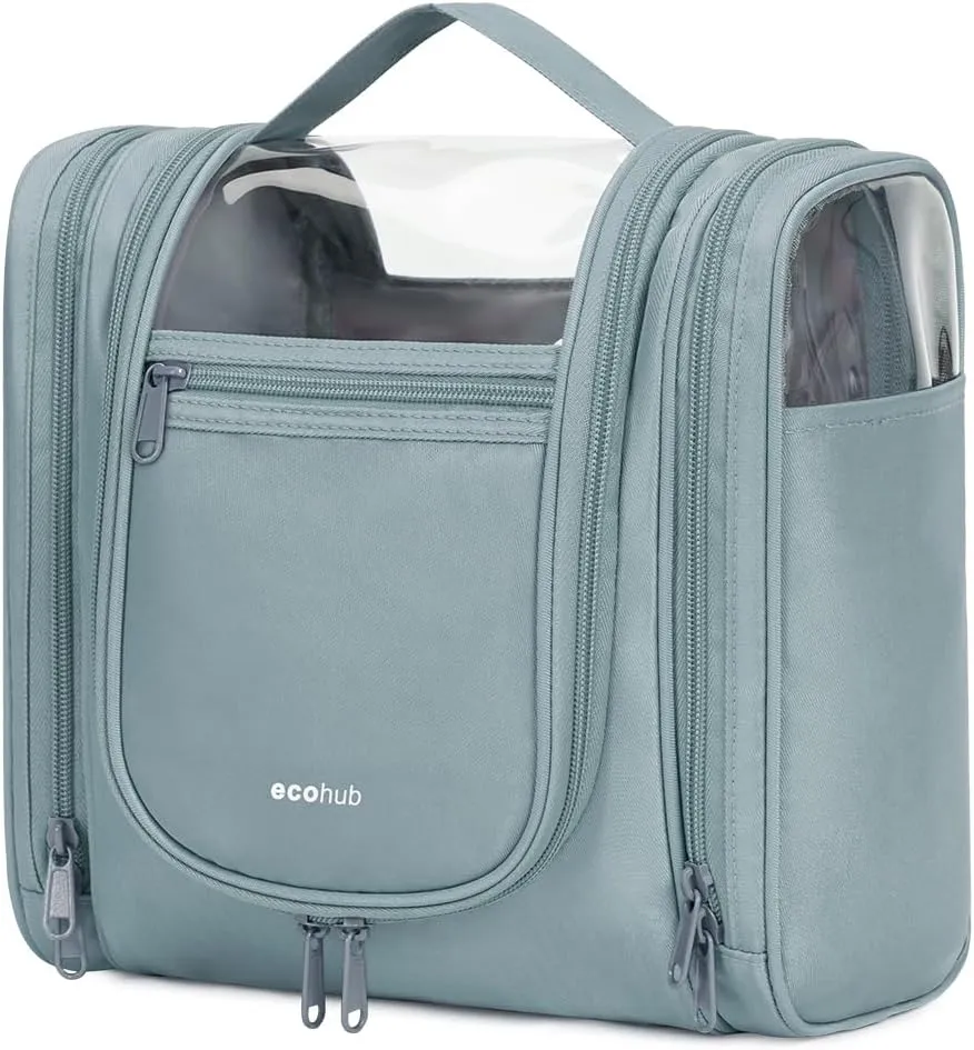 ECOHUB Travel Toiletry Bag, Hanging Toiletry Bag for Women, Full-size Container, Water-resistant Travel Makeup Organizer, Toiletries, Grey （PATENT PENDING）