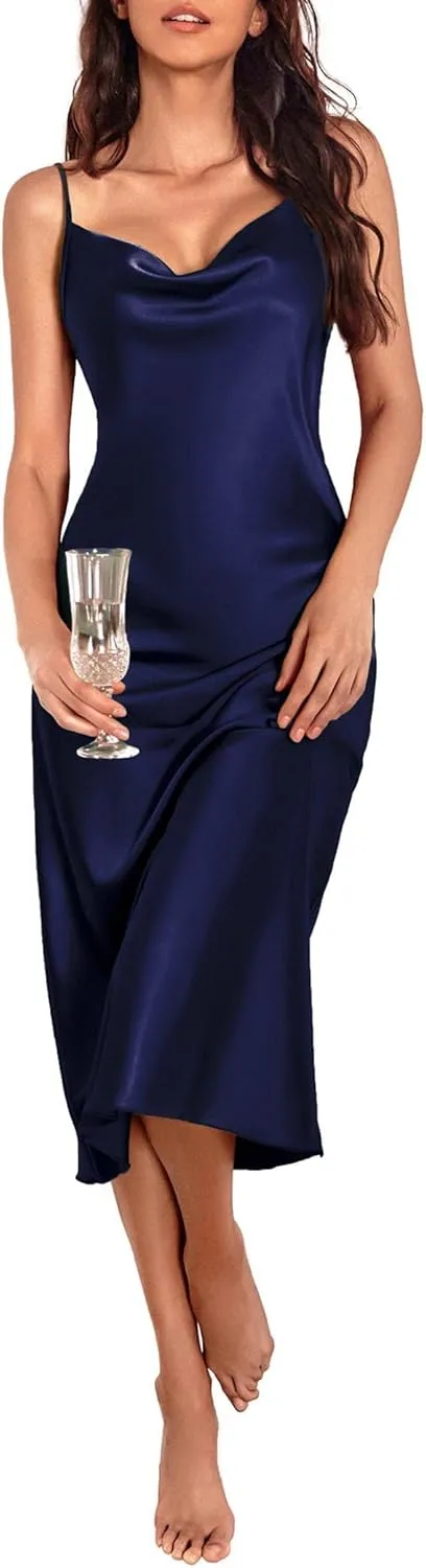 Ekouaer Womens Satin Nightgown Sexy Lingerie Sleepwear Spaghetti Strap Cowl Neck Elegant Long Slip Satin Silk Midi Dress