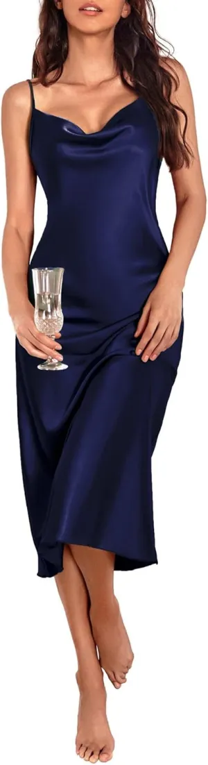 Ekouaer Womens Satin Nightgown Sexy Lingerie Sleepwear Spaghetti Strap Cowl Neck Elegant Long Slip Satin Silk Midi Dress