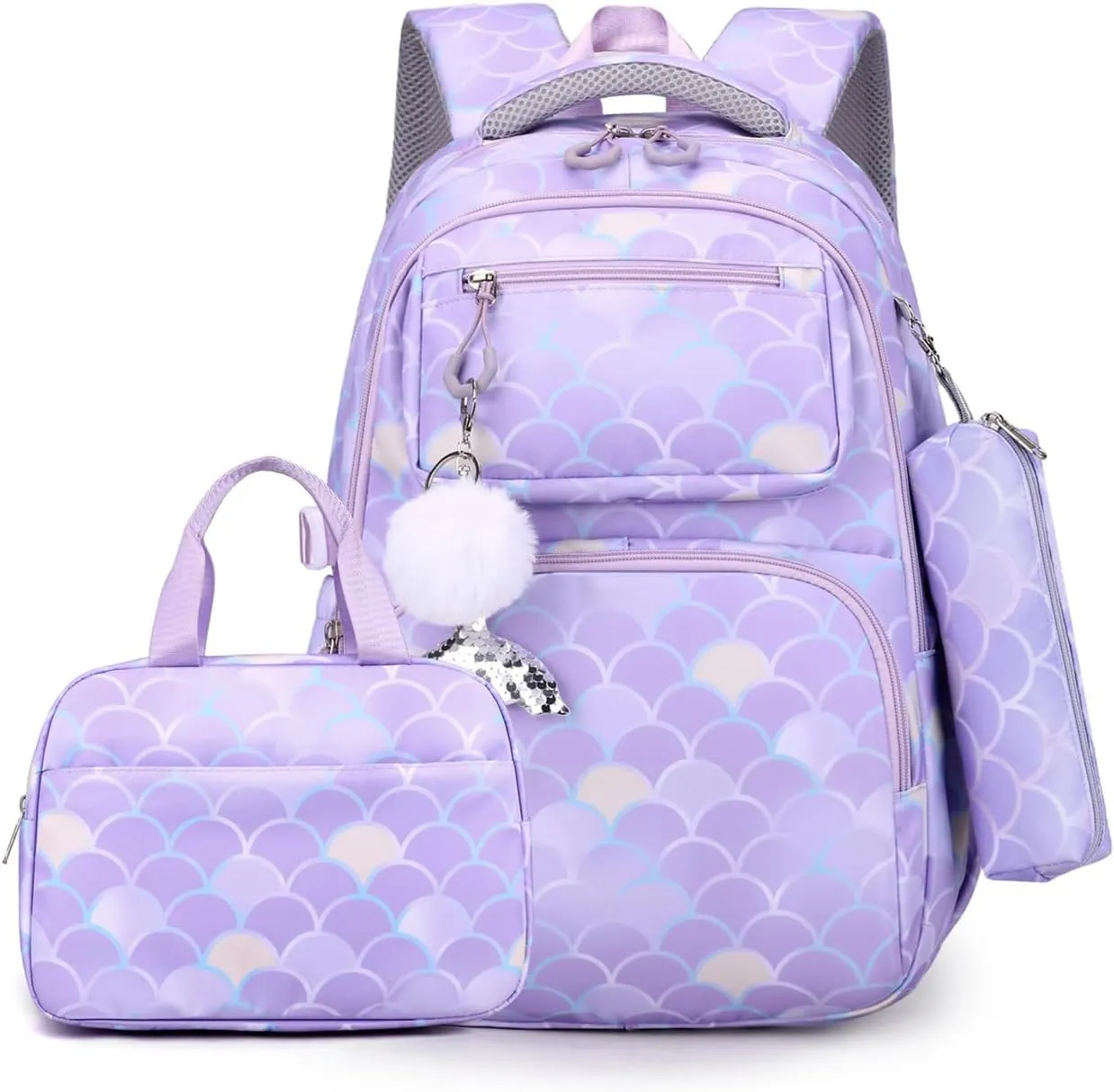 EKUIZAI 3PCS Mermaid Backpack for Girls Fish Scale Print Primary Bookbags set Girls Backpack with Lunch Box