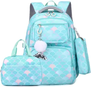 EKUIZAI 3PCS Mermaid Backpack for Girls Fish Scale Print Primary Bookbags set Girls Backpack with Lunch Box